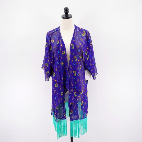 NEW LuLaRoe Monroe Purple Teal Tassle Sheer Cardigan Large Short Sleeve Open Fro - Picture 1 of 10
